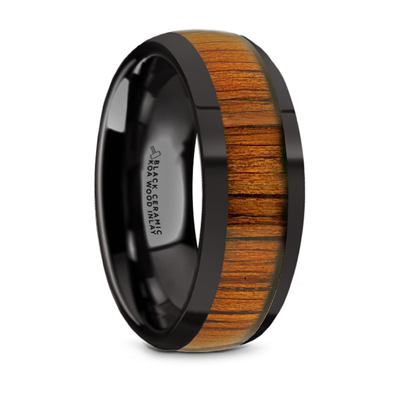 Thorsten Linden Black Ceramic Polished Finish Domed Wedding Band w/ Koa Wood Inlay (8mm) BC5958-DPKW