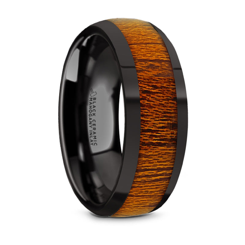 Thorsten Mabini Black Ceramic Mahogany Wood Inlaid Domed Wedding Band w/ Polished Finish (8mm) BC5959-DPMW