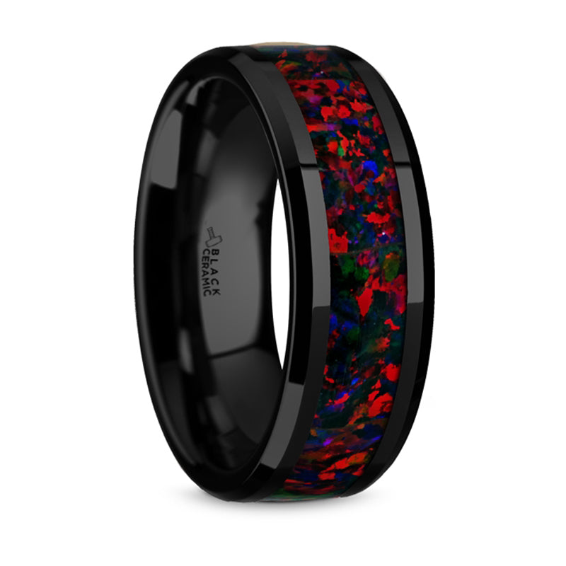 Thorsten Matrix Black Ceramic Polished Beveled Edges Domed Wedding Band w/ Black Opal Inlay (8mm) BC5960-DPBO