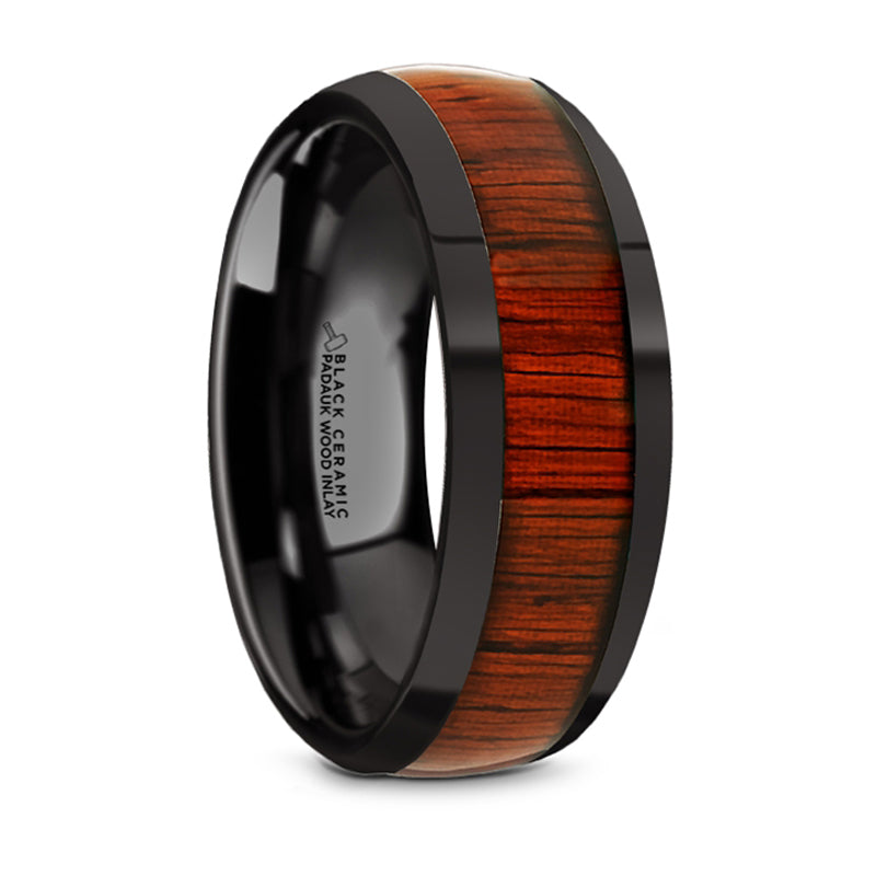 Thorsten Mane Black Ceramic Polished Finish Domed Wedding Band w/ Padauk Wood Inlay (8mm) BC5961-DPPW