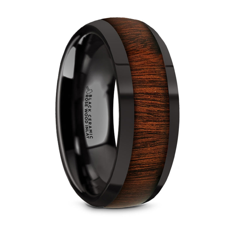 Thorsten Rosae Black Ceramic Domed Profile Polished Finish Wedding Band w/ Rose Wood Inlay (8mm) BC5962-DPRW