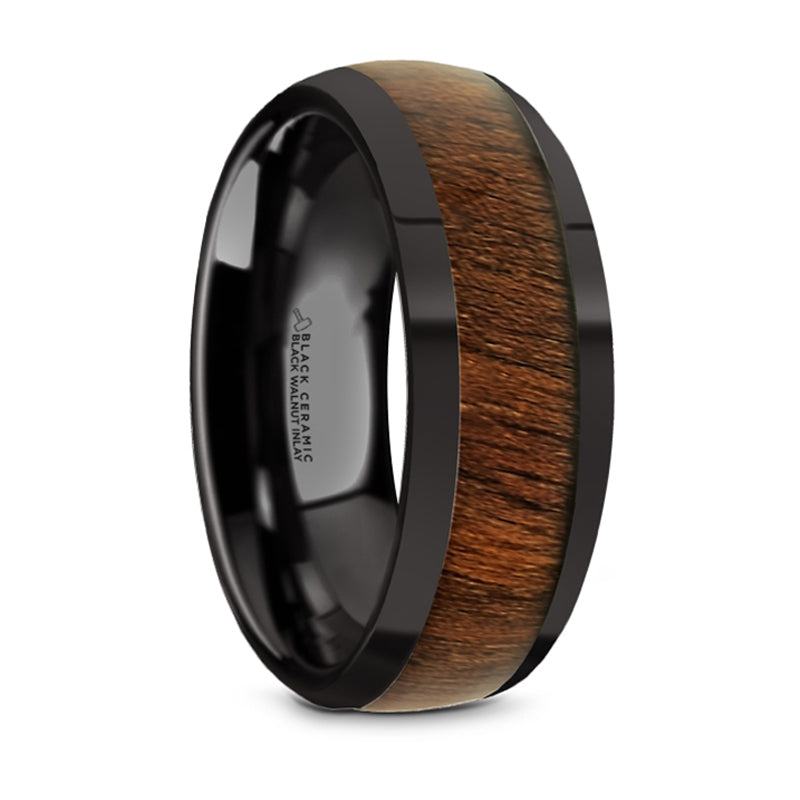 Thorsten Wallace Black Ceramic Polished Finish Domed Wedding Band w/ Black Walnut Inlay (8mm) BC5963-DPBW