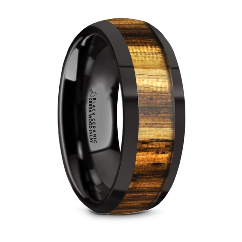 Thorsten Zerra Black Ceramic Polished Finish Domed Wedding Ring w/ Zebra Wood Inlay (8mm) BC5964-DPZW