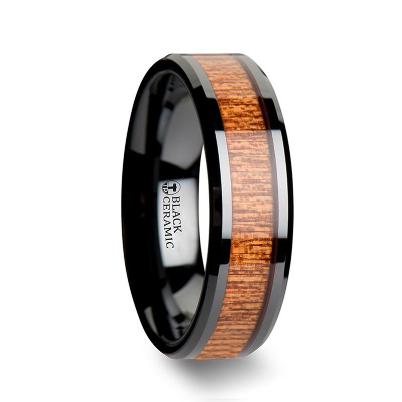 Thorsten Acacia Koa Wood Inlaid Black Ceramic Ring w/ Bevels (4-10mm) C1958-KOWI