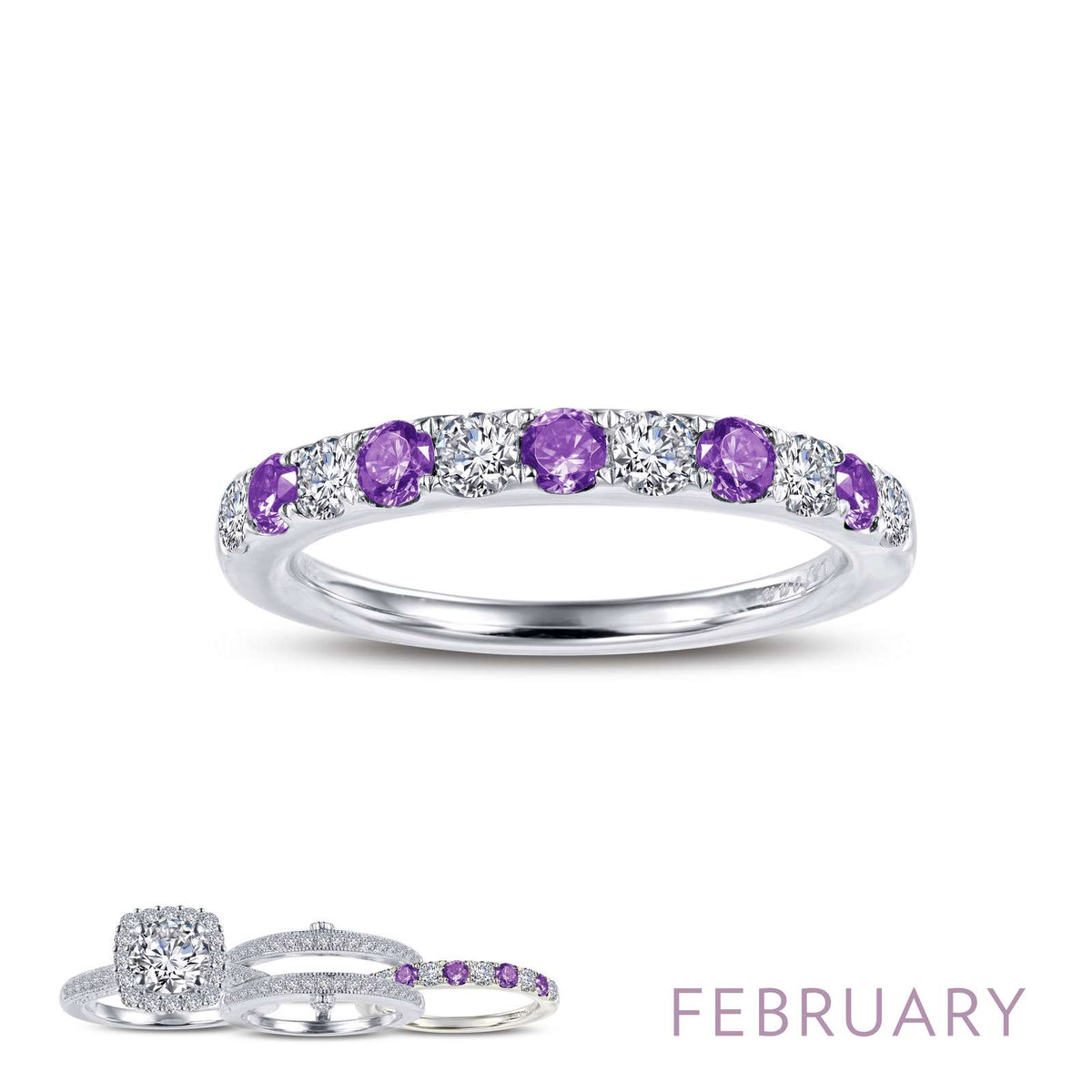 Lafonn Simulated Diamond &amp; Amethyst February Birthstone Stackable Ring BR004AMP