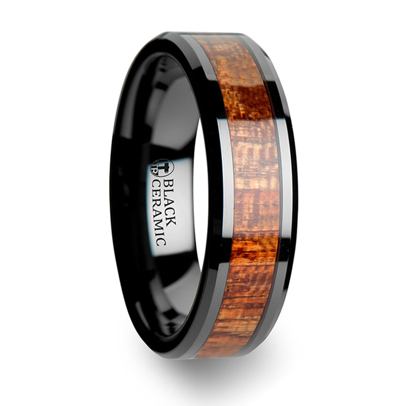 Thorsten Gabon Black Ceramic Band w/ Polished Bevels &amp; Exotic Mahogany Hard Wood Inlay (6-10mm) C1959-MHWI