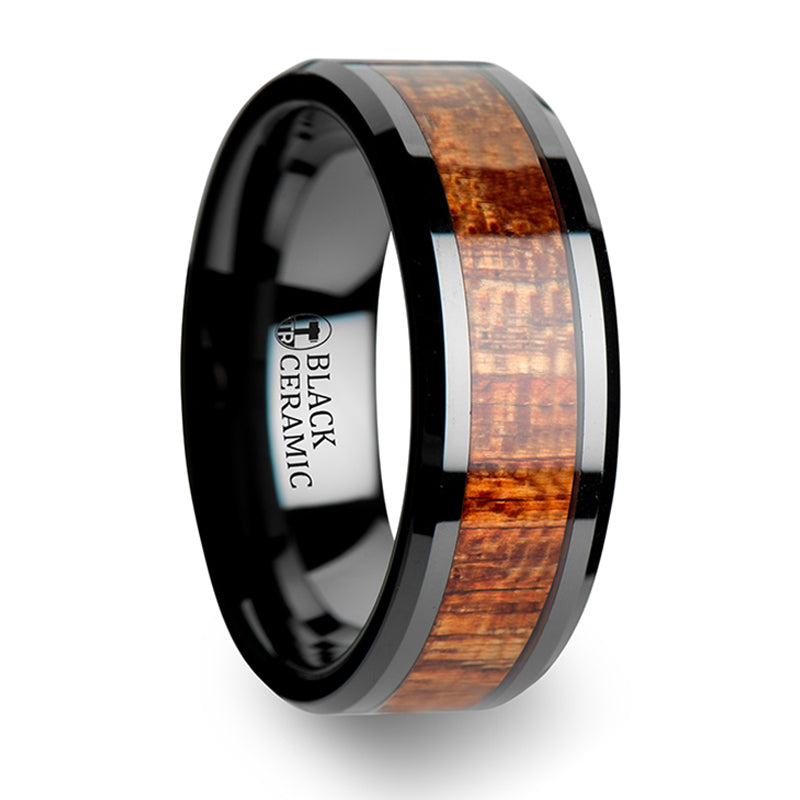 Thorsten Gabon Black Ceramic Band w/ Polished Bevels & Exotic Mahogany Hard Wood Inlay (6-10mm) C1959-MHWI