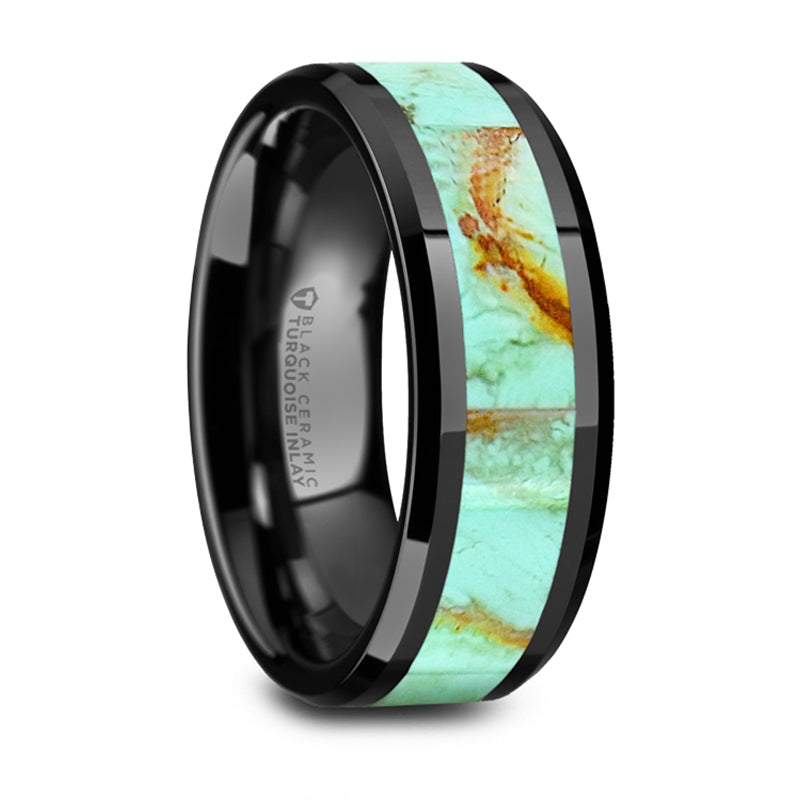 Thorsten Pietro Polished Black Ceramic Wedding Band w/ Light Blue Turquoise Stone Inlay &amp; Polished Beveled Edges (8mm) W1495-BCTI