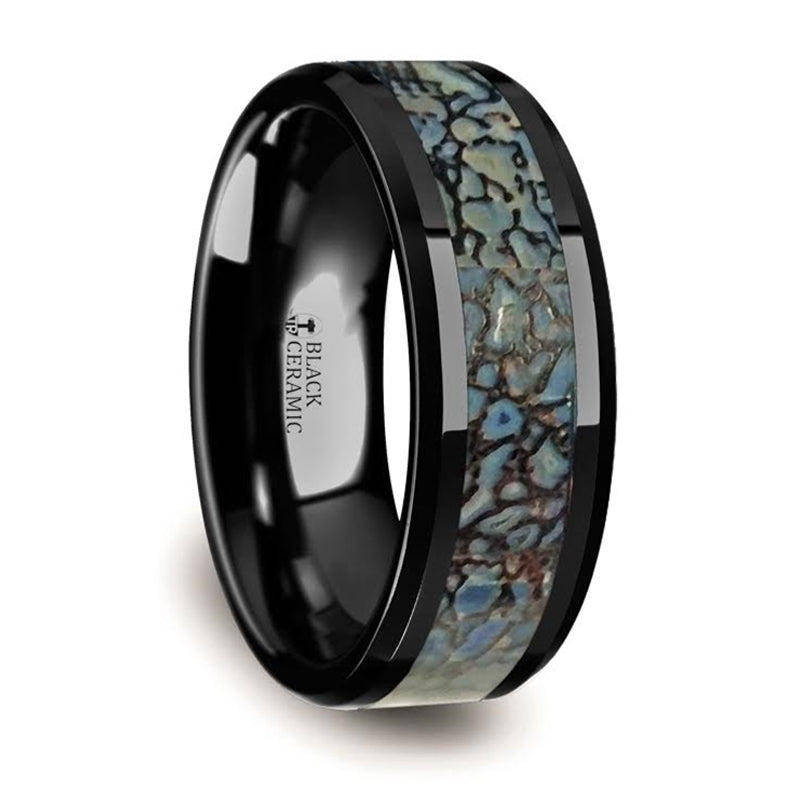 Thorsten Permian Blue Dinosaur Bone Inlaid Black Ceramic Beveled Edged Ring (8mm) C314-TCDB