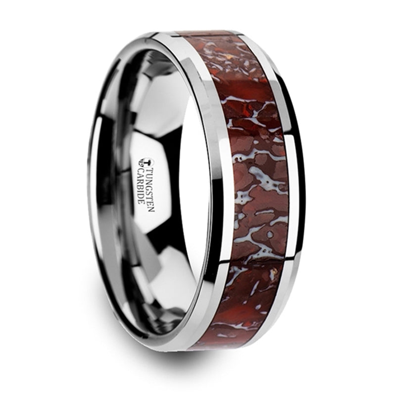 Thorsten Jurassic Red Dinosaur Bone Inlaid Tungsten Carbide Beveled Edged Ring (8mm) C3756-TCDB
