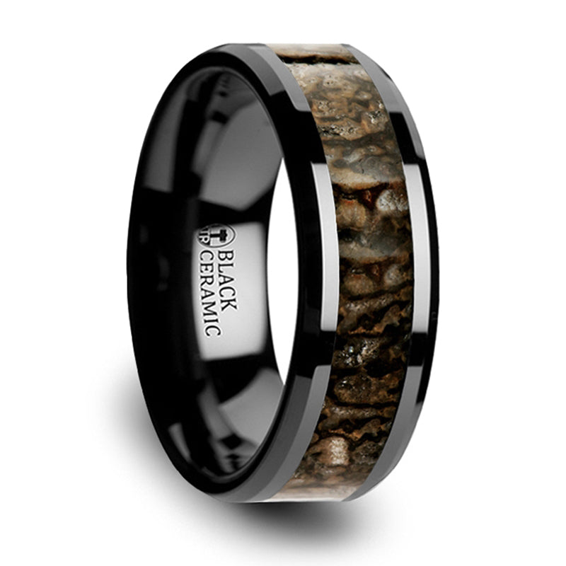 Thorsten Silurian Dinosaur Bone Inlaid Black Ceramic Beveled Edged Ring (8mm) C3813-TCDB