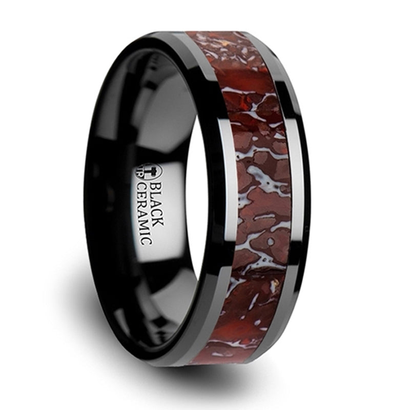 Thorsten Triassic Red Dinosaur Bone Inlaid Black Ceramic Beveled Edged Ring (8mm) C3816-TCDB