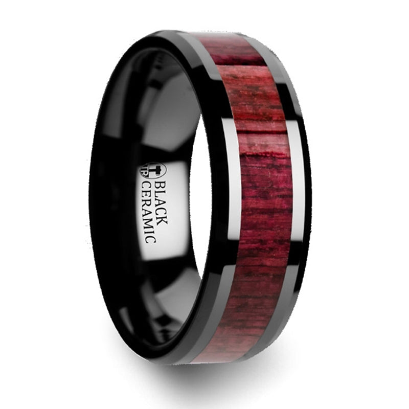 Thorsten Morabo Purple Heart Wood Inlaid Black Ceramic Ring w/ Beveled Edge (8mm) C4434-PHWI