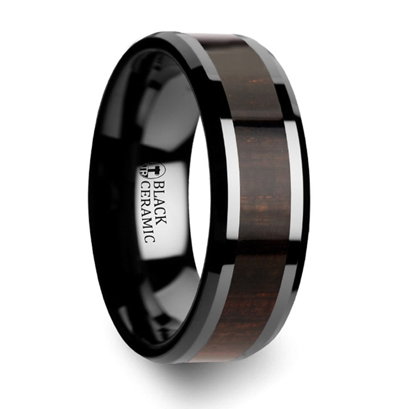 Thorsten Umbra Black Ebony Wood Inlaid Black Ceramic Ring w/ Beveled Edges (8mm) C4435-EWBC