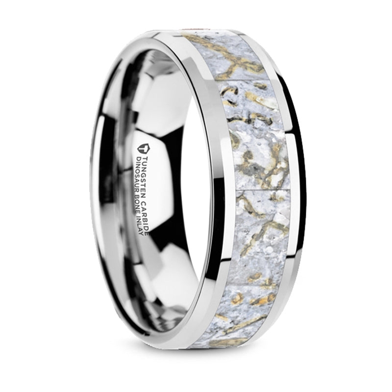 Thorsten Mesozoic White Dinosaur Bone Inlaid Tungsten Carbide Beveled Edged Ring (8mm) C4469-TCDB