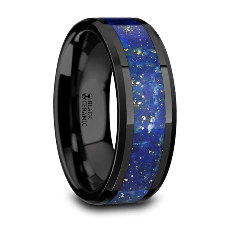 Thorsten Marlow Polished Black Ceramic Wedding Band w/ Blue Lapis Inlay &amp; Beveled Edges (8mm) C5731-PBCL