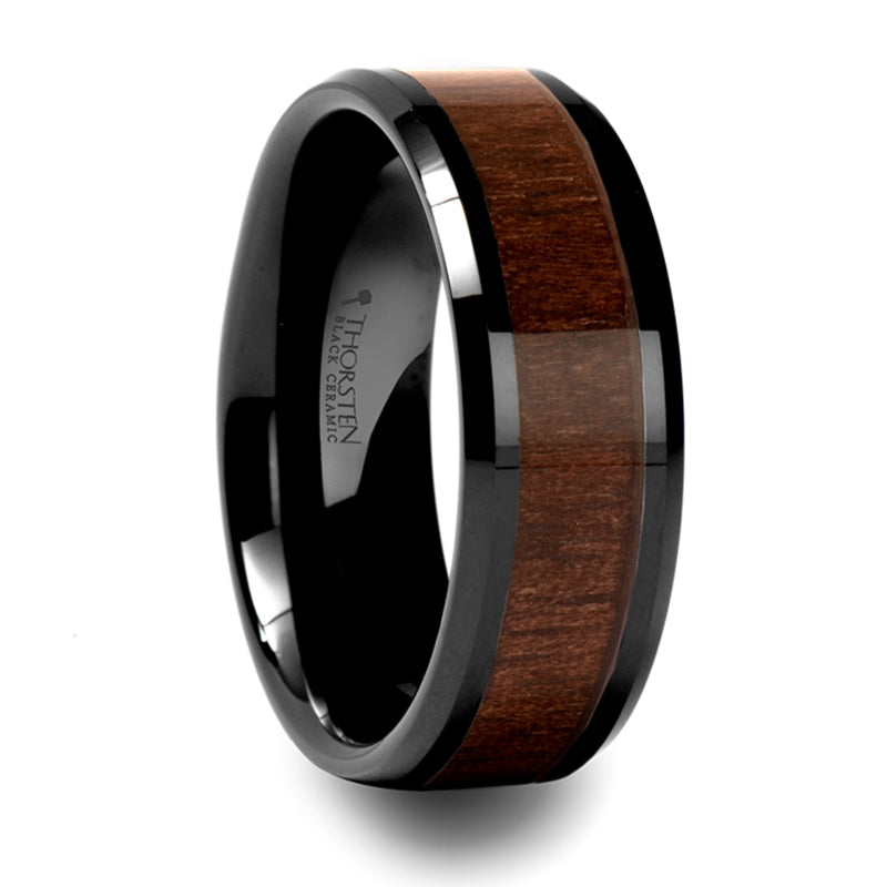 Thorsten Yukon Black Ceramic Ring w/ Black Walnut Wood Inlay &amp; Beveled Edges (8mm) C772-BWIC