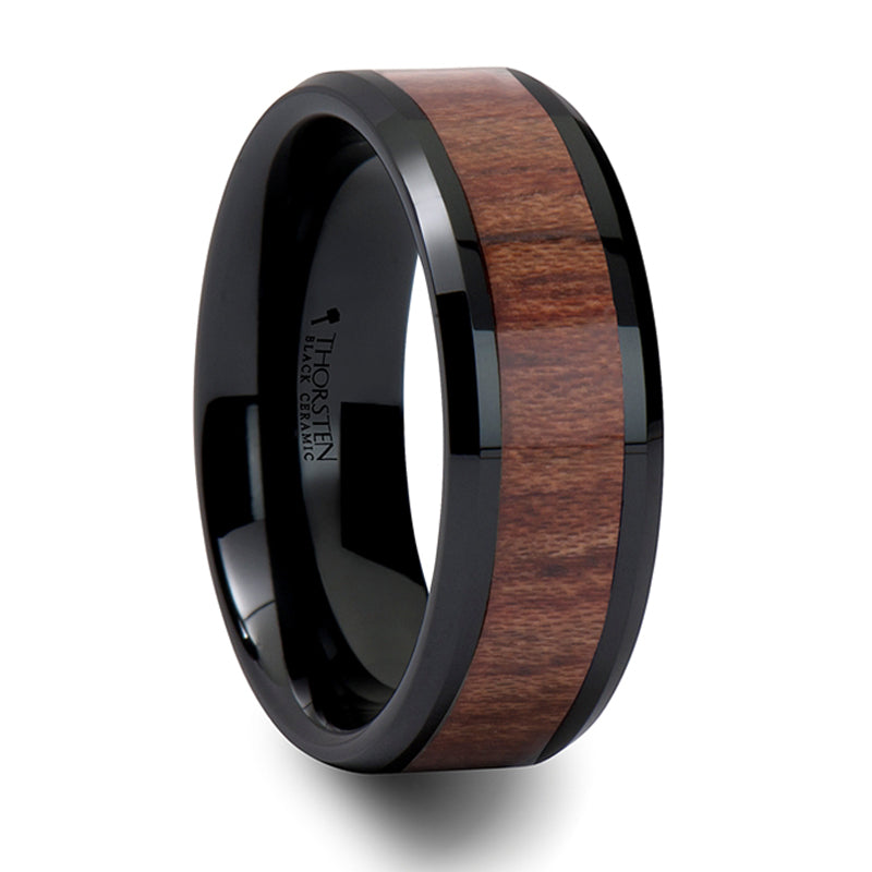 Thorsten Denali Black Ceramic Carbide Ring w/ Bevels &amp; Rosewood Inlay (8mm) C773-RWIC