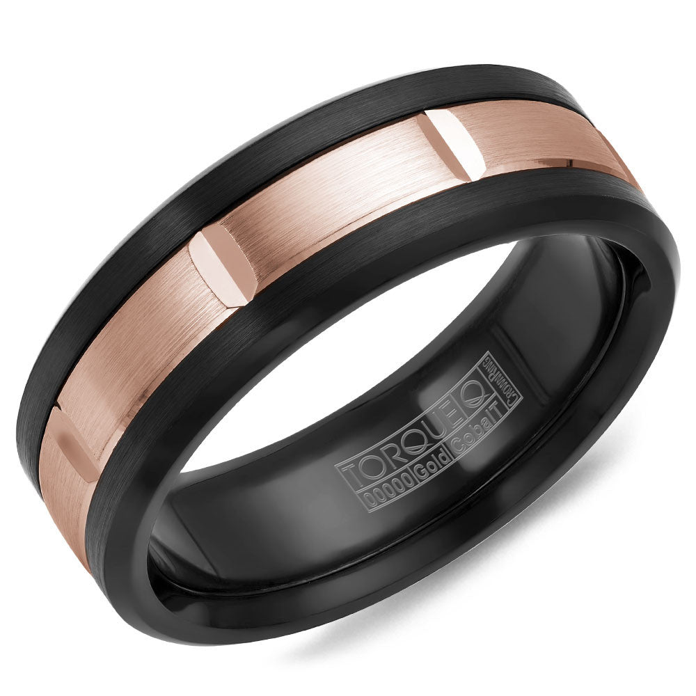 Torque Black Cobalt &amp; Gold Collection 7.5MM Wedding Band with 14K Rose Gold Center CB002MR75