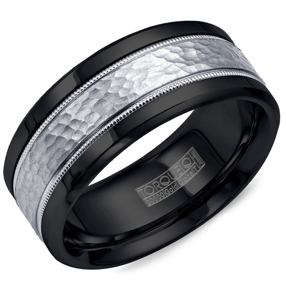 Torque Black Cobalt &amp; Gold Collection 9MM Wedding Band with 14K White Gold Hammered Center CB003MW9