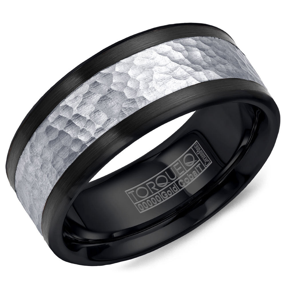 Torque Black Cobalt &amp; Gold Collection 9MM Wedding Band with 14K White Gold Hammered Center CB005MW9