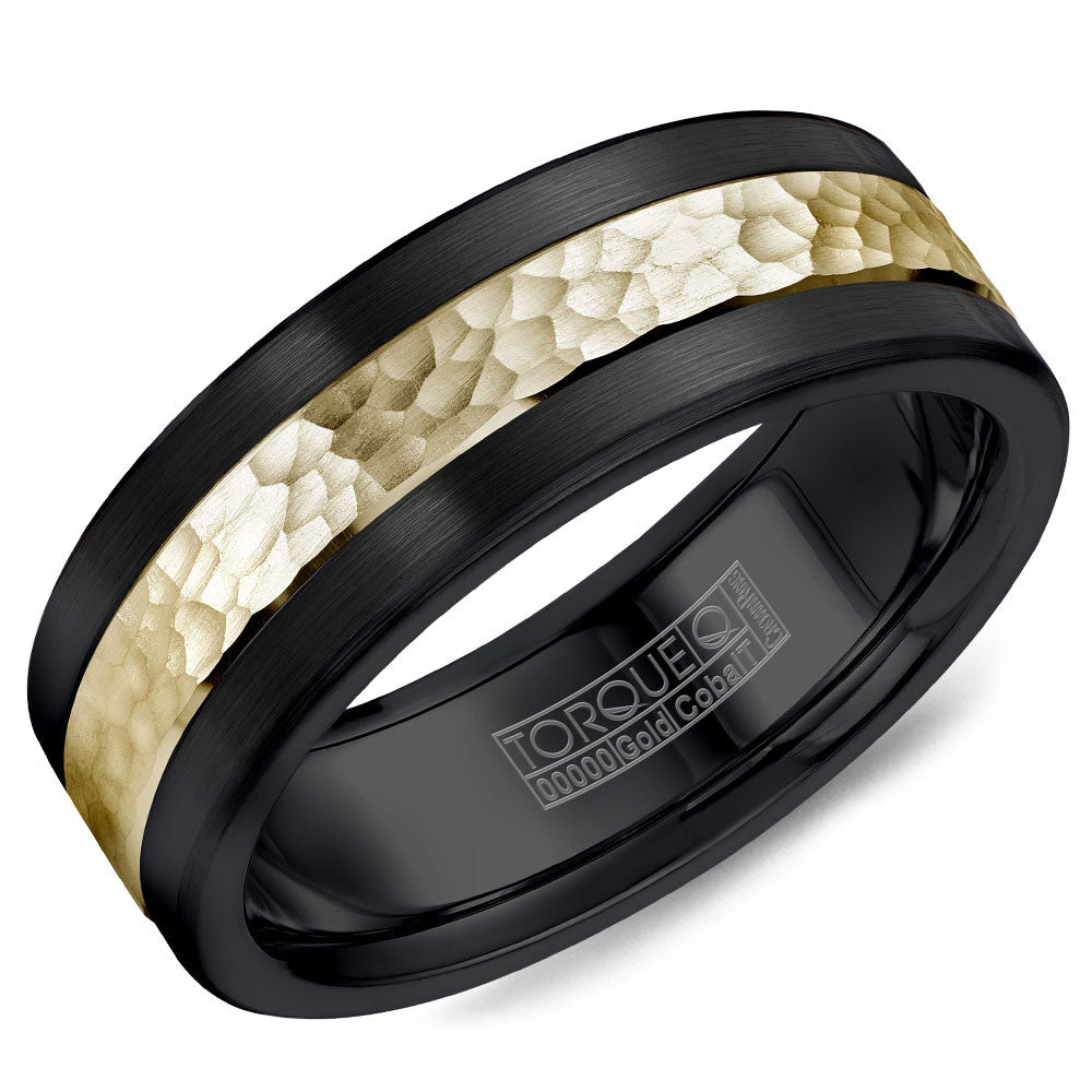Torque Black Cobalt &amp; Gold Collection 7.5MM Wedding Band with 14K Yellow Gold Hammered Center CB005MY75