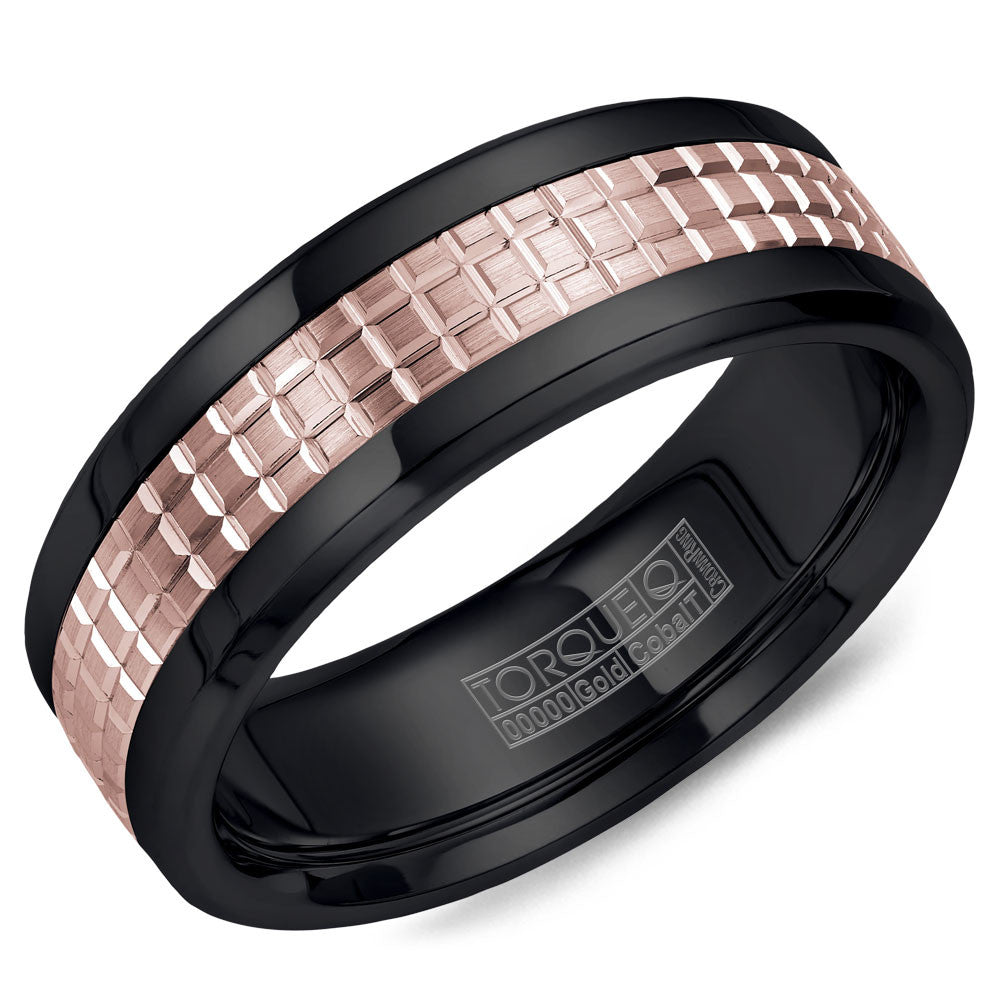 Torque Black Cobalt &amp; Gold Collection 7.5MM Wedding Band with 14K Rose Gold Carved Center CB009MR75