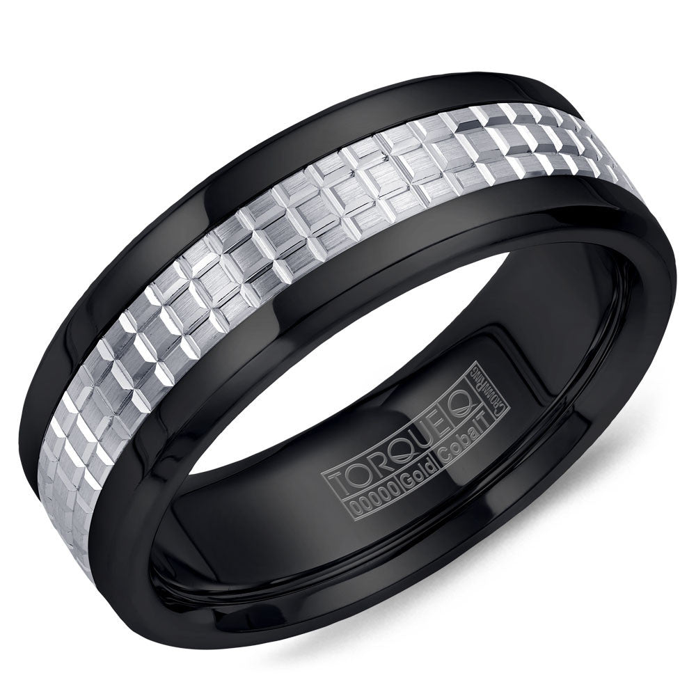 Torque Black Cobalt &amp; Gold Collection 7.5MM Wedding Band with 14K White Gold Carved Center CB009MW75