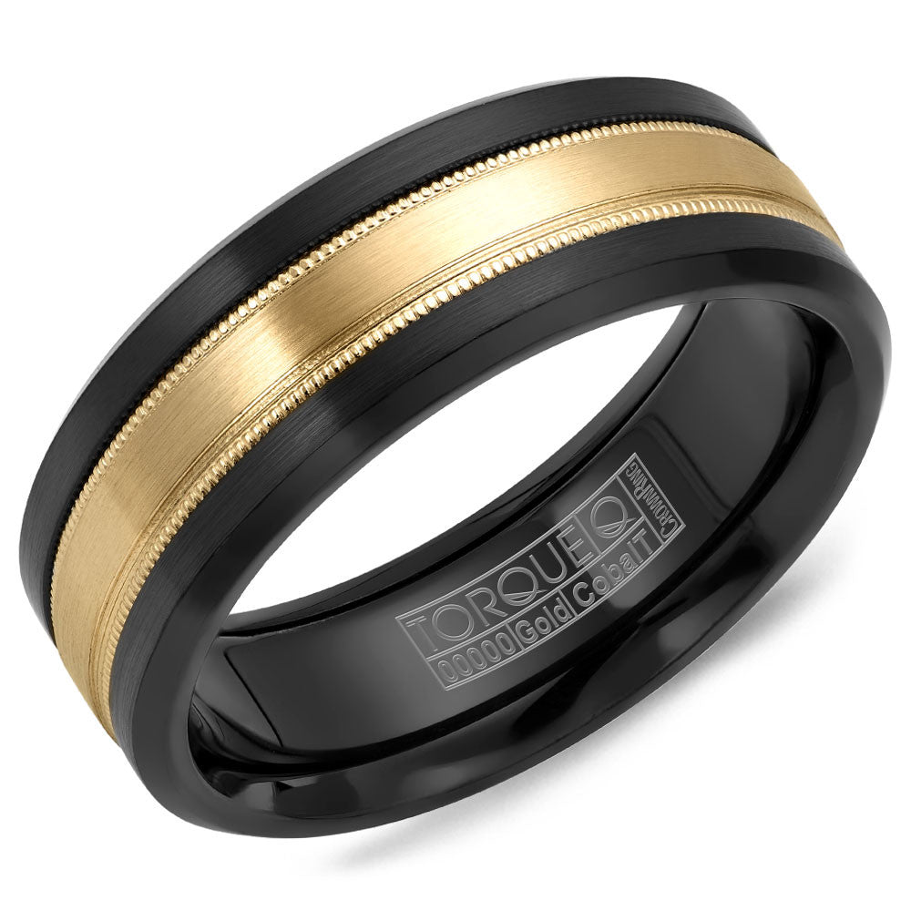 Torque Black Cobalt &amp; Gold Collection 7.5MM Wedding Band with 14K Yellow Gold Carved Center CB035MY75