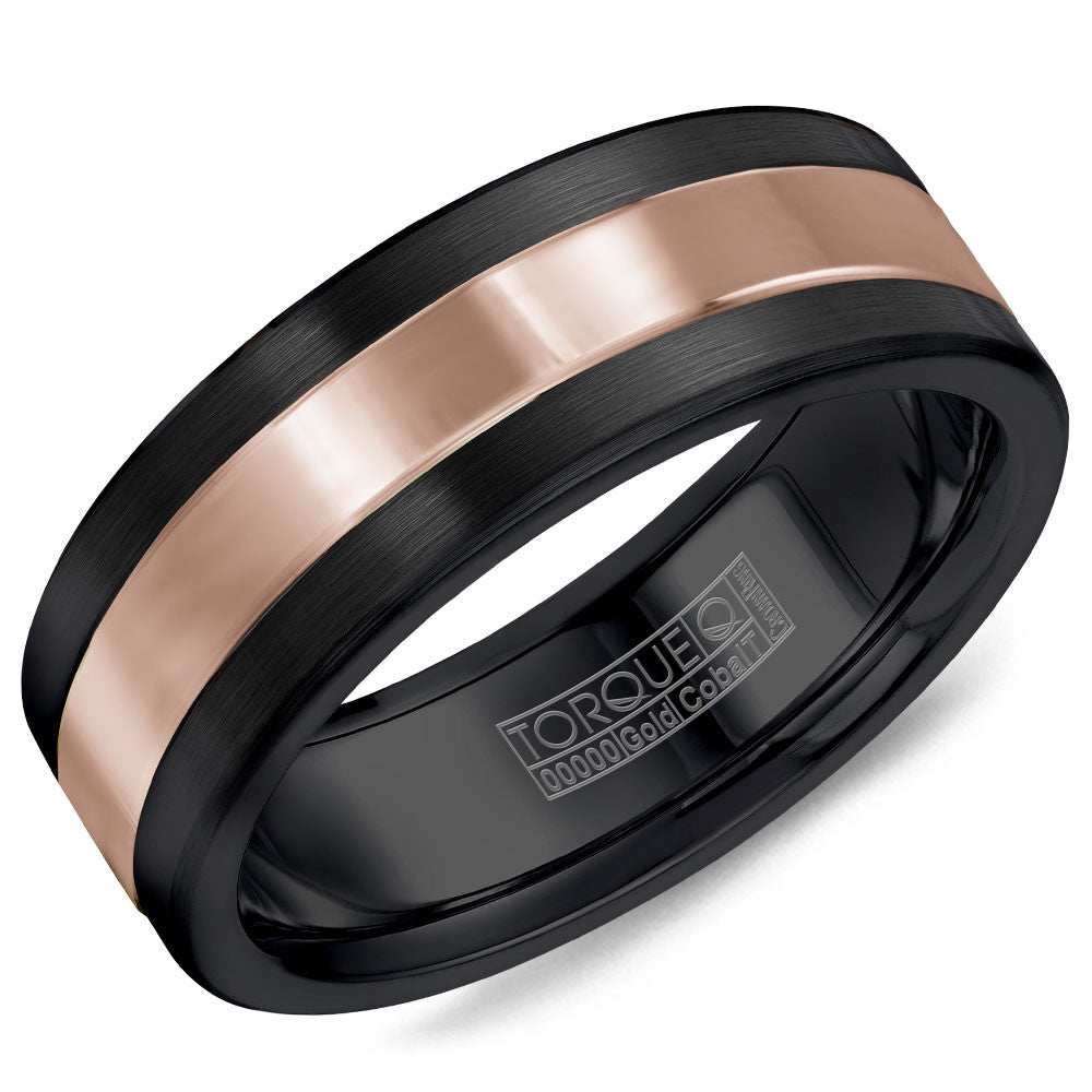 Torque Black Cobalt &amp; Gold Collection 7.5MM Wedding Band with 14K Rose Gold Center CB082MR75