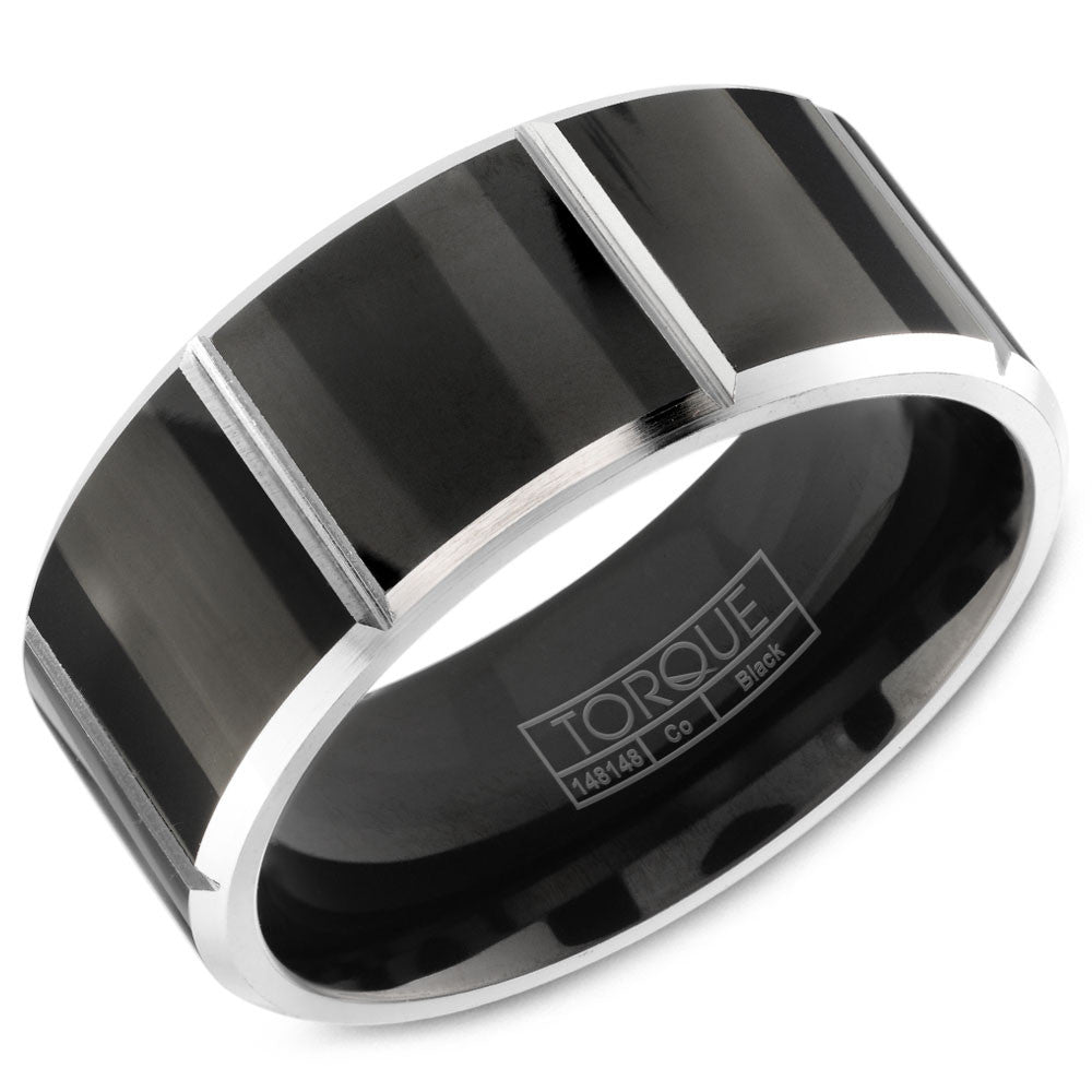 Torque Black Cobalt Collection 9MM Wedding Band with White Line Detailing CBB-0005
