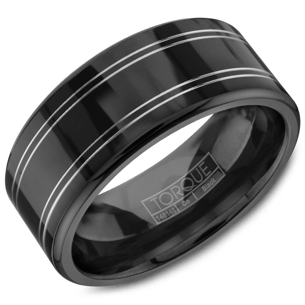 Torque Black Cobalt Collection 9MM Wedding Band with White Line Detailing CBB-0012
