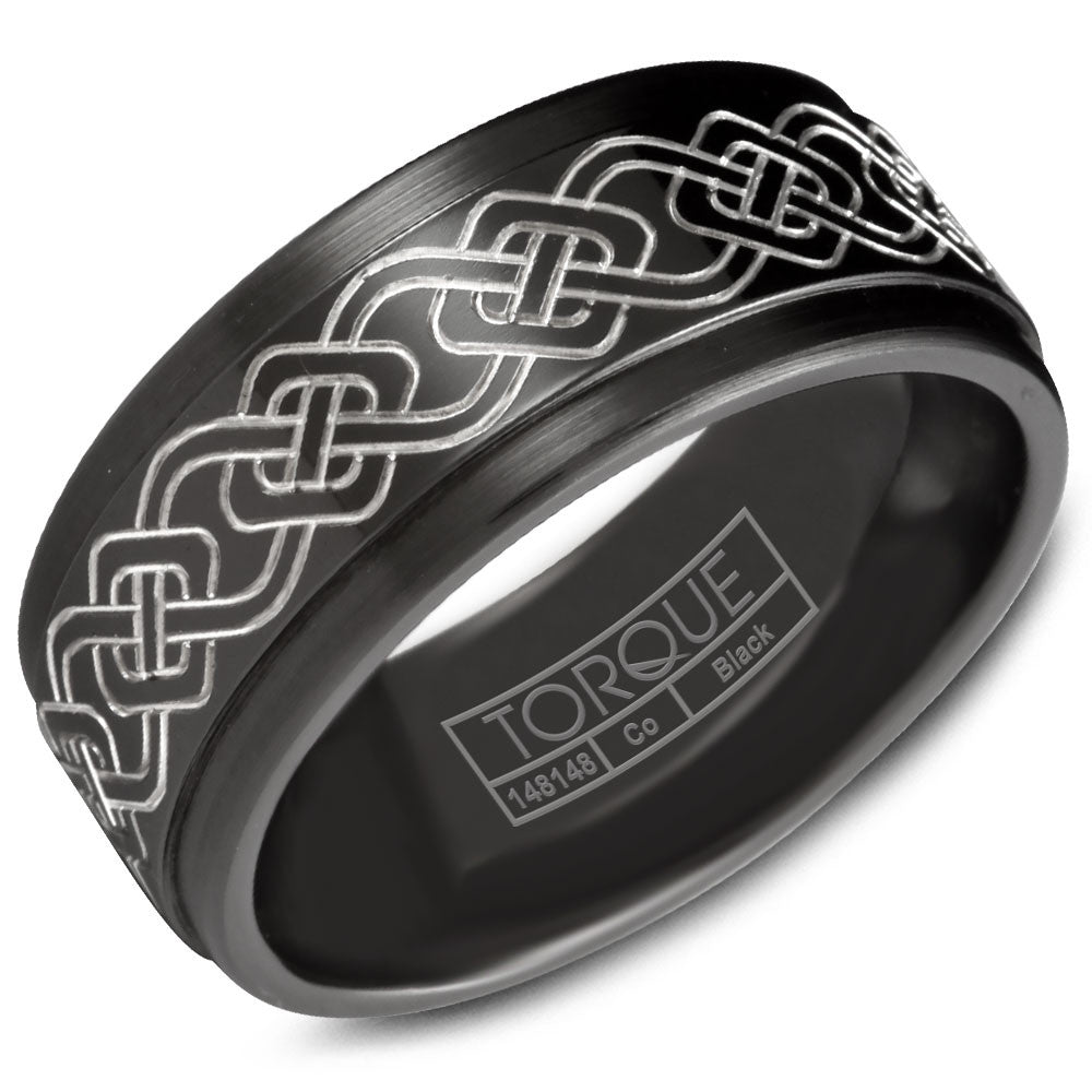 Torque Black Cobalt Collection 9MM Wedding Band with Engraved White Cobalt CBB-0023