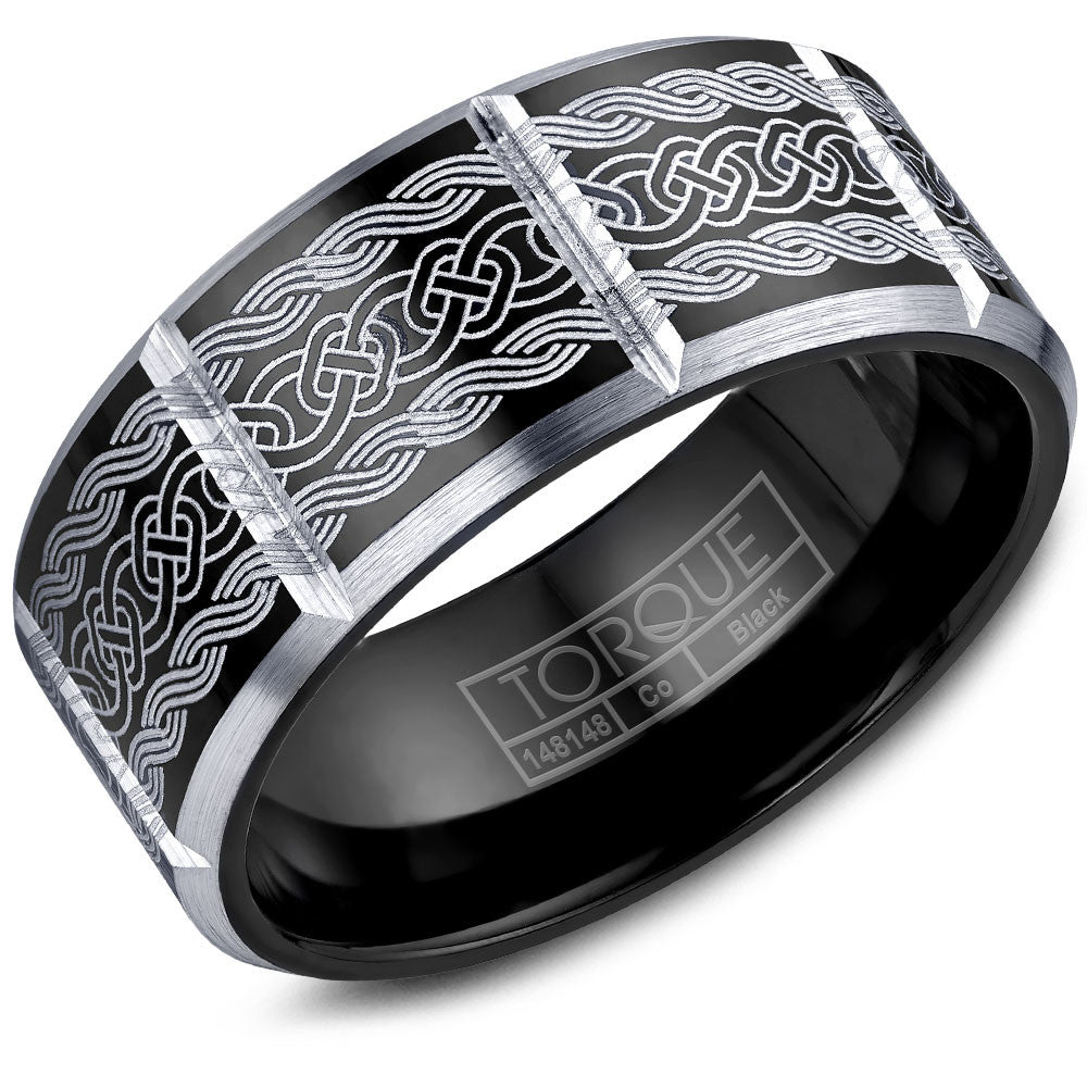 Torque Black Cobalt Collection 9MM Wedding Band with White Engraved Design CBB-2051
