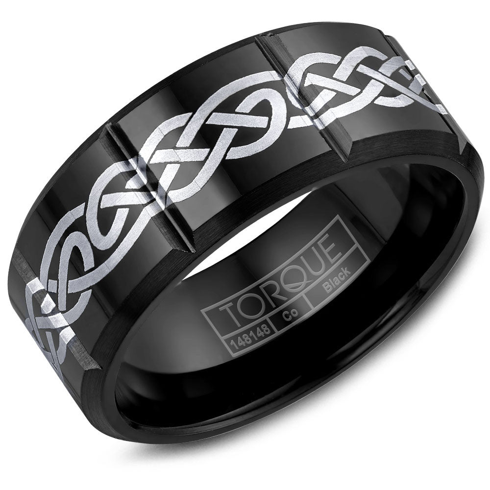 Torque Black Cobalt Collection 9MM Wedding Band with White Engraved Design CBB-2052