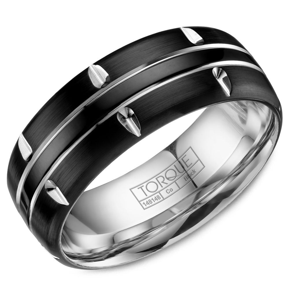 Torque Black Cobalt Collection 8MM Wedding Band with White Line Pattern CBB-8001
