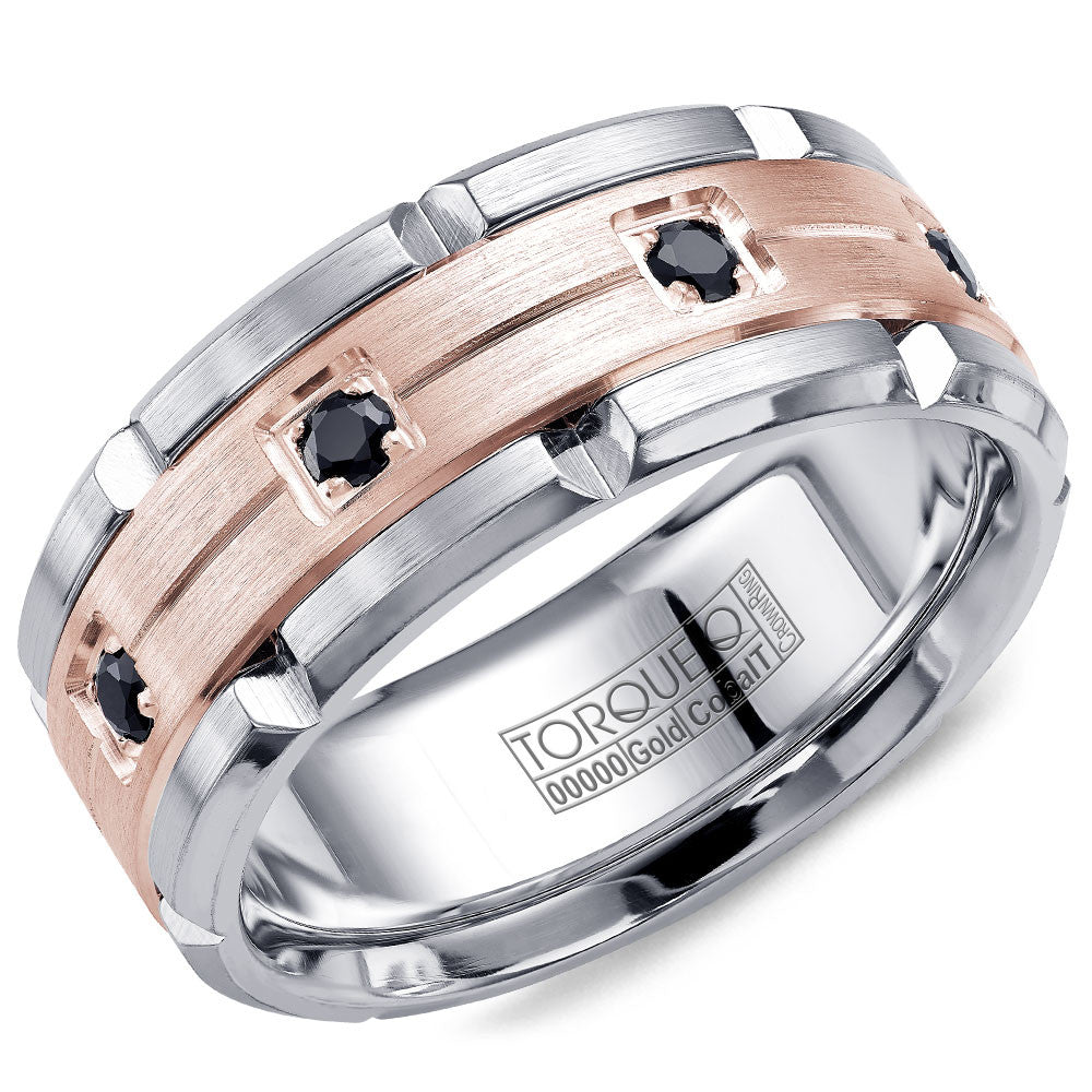 Torque Cobalt &amp; Gold Collection 9MM Wedding Band with Rose Gold Center &amp; 8 Black Diamonds CW046MR9