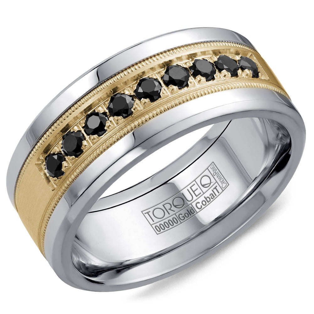 Torque Cobalt &amp; Gold Collection 9MM Wedding Band with Yellow Gold Center &amp; 9 Black Diamonds CW076MY9