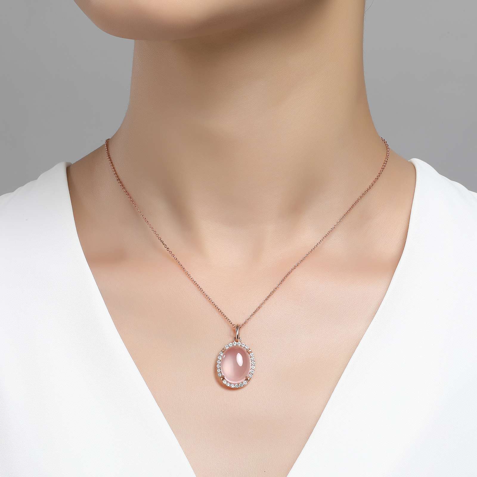 Lafonn Simulated Diamond & Genuine Cabochon Rose Quartz Halo Necklace GP012RQR18