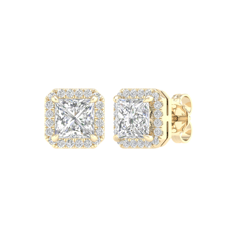 2.25 Carat Princess Lab Grown Diamond 14K Gold Halo Stud Earrings