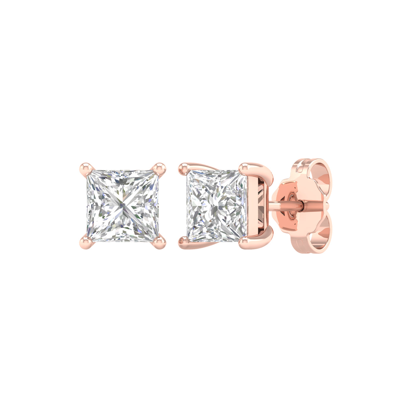 2 Carat Princess Lab Grown Diamond 14K Gold Solitaire Stud Earrings