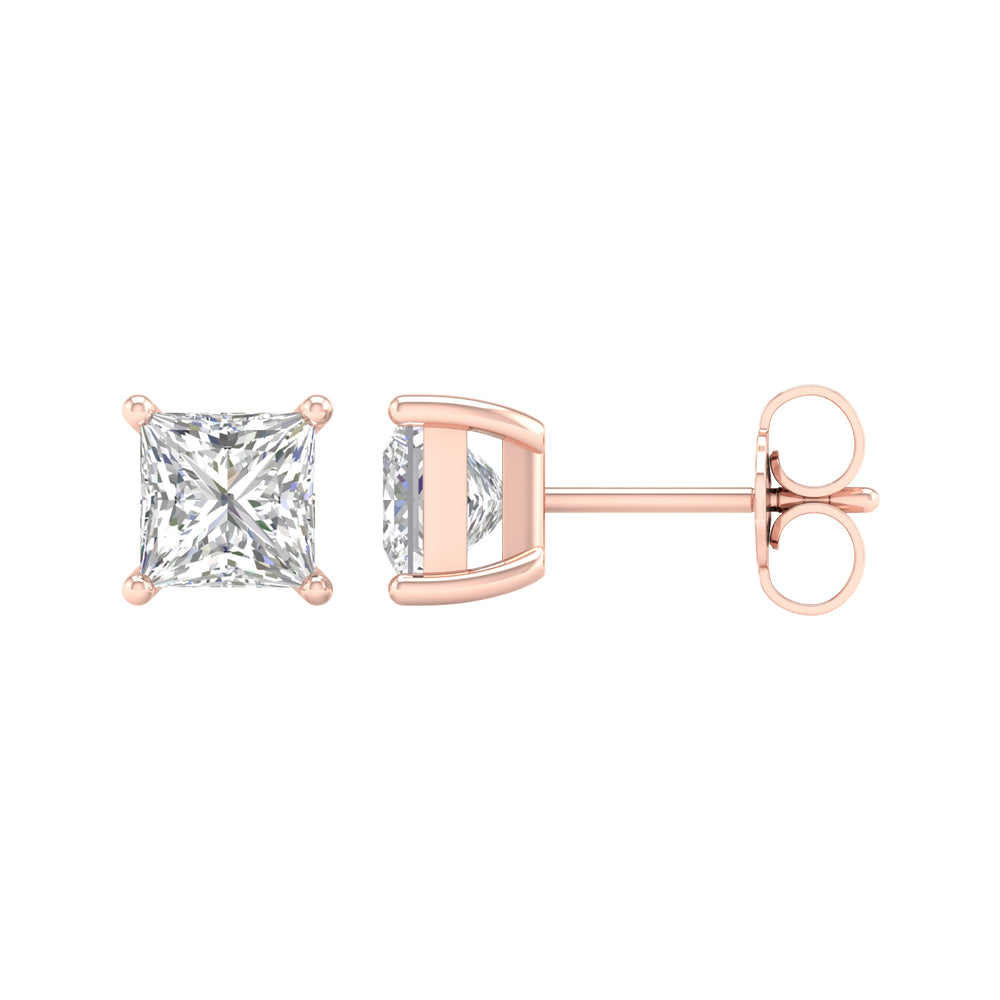 2 Carat Princess Lab Grown Diamond 14K Gold Solitaire Stud Earrings