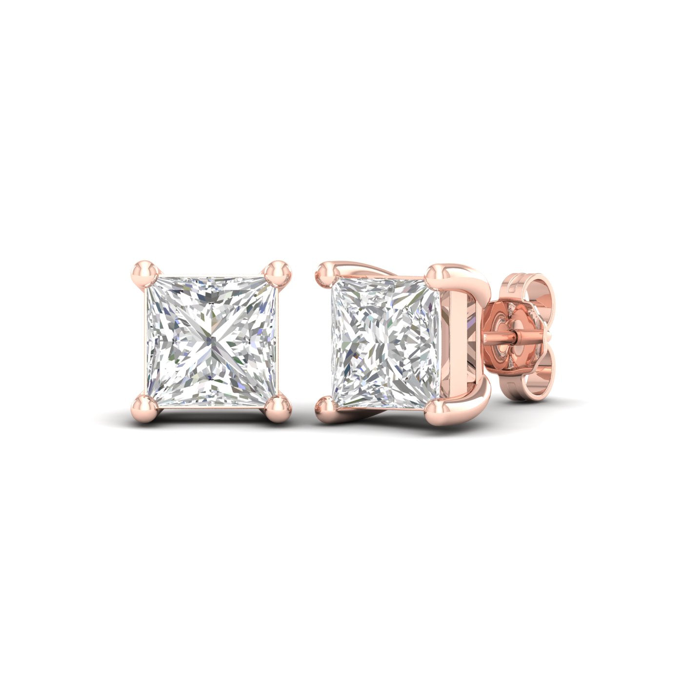 4 Carat Princess Lab Grown Diamond 14K Gold Solitaire Stud Earrings