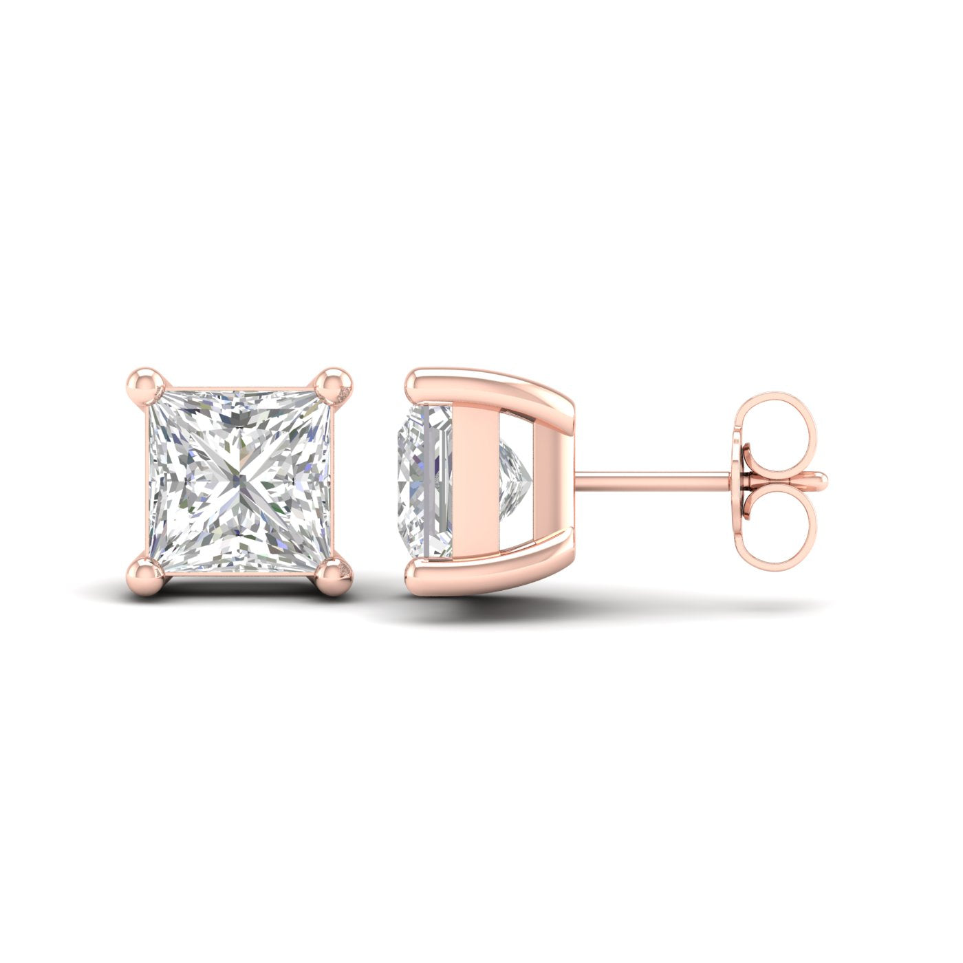 4 Carat Princess Lab Grown Diamond 14K Gold Solitaire Stud Earrings