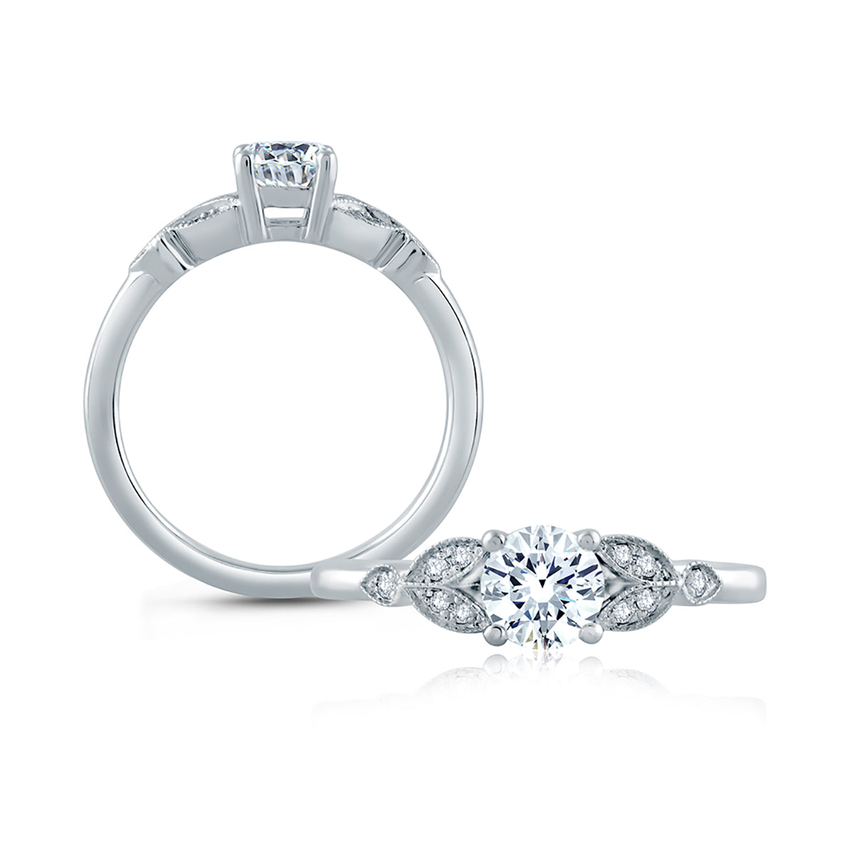 A.Jaffe Floral Milgrain Accent Round Solitaire Diamond Engagement Ring ME1754/55