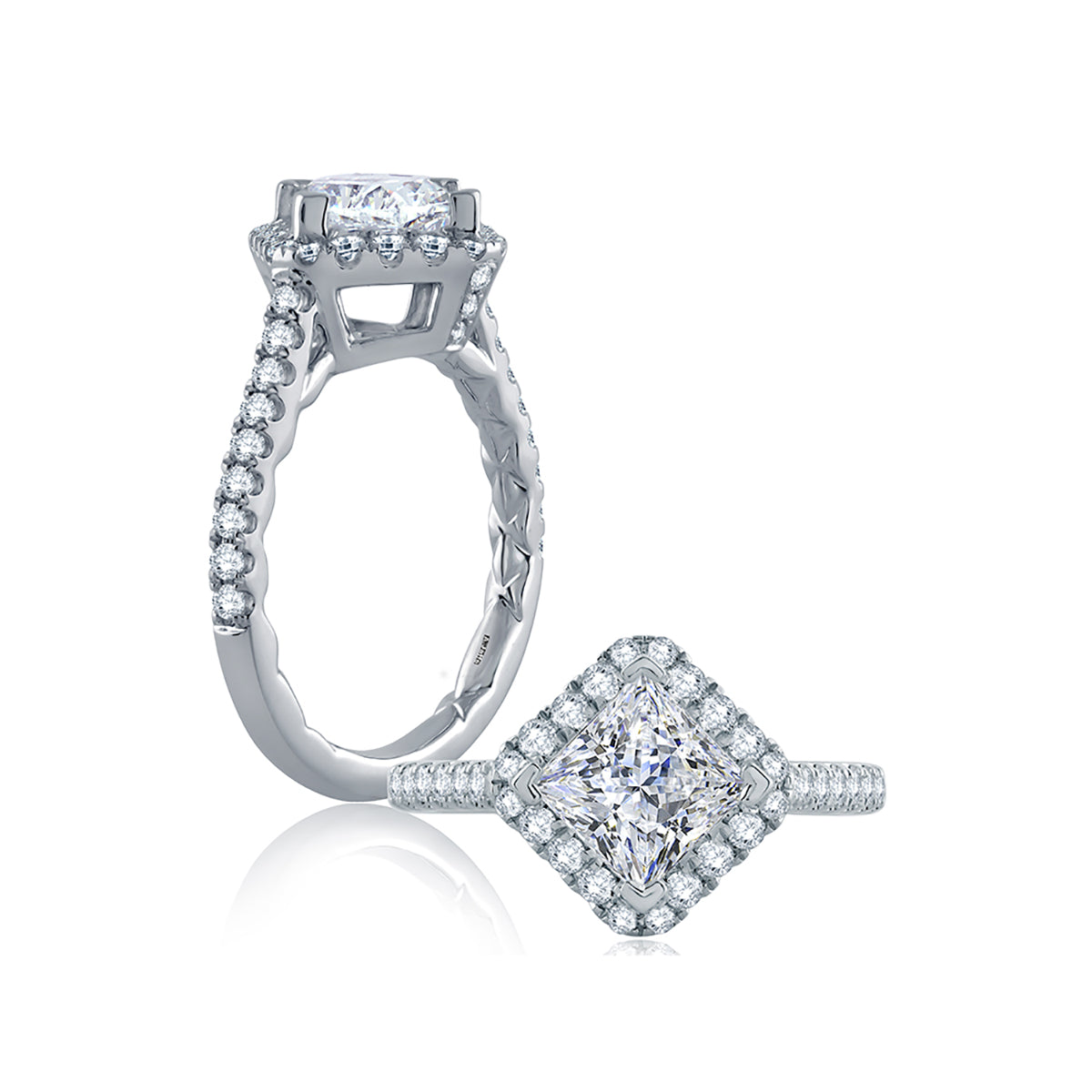 A.Jaffe Diamond Pavé Set Band and Halo Princess Cut Quilted Engagement Ring ME2136Q/198