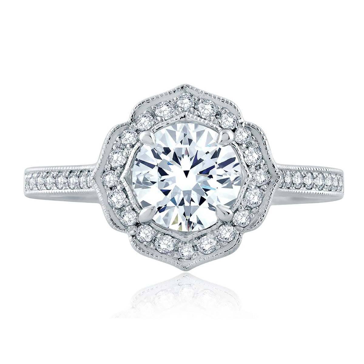 A.Jaffe Floral Inspired Milgrain Detail Diamond Halo Quilted Engagement Ring ME2191Q/122