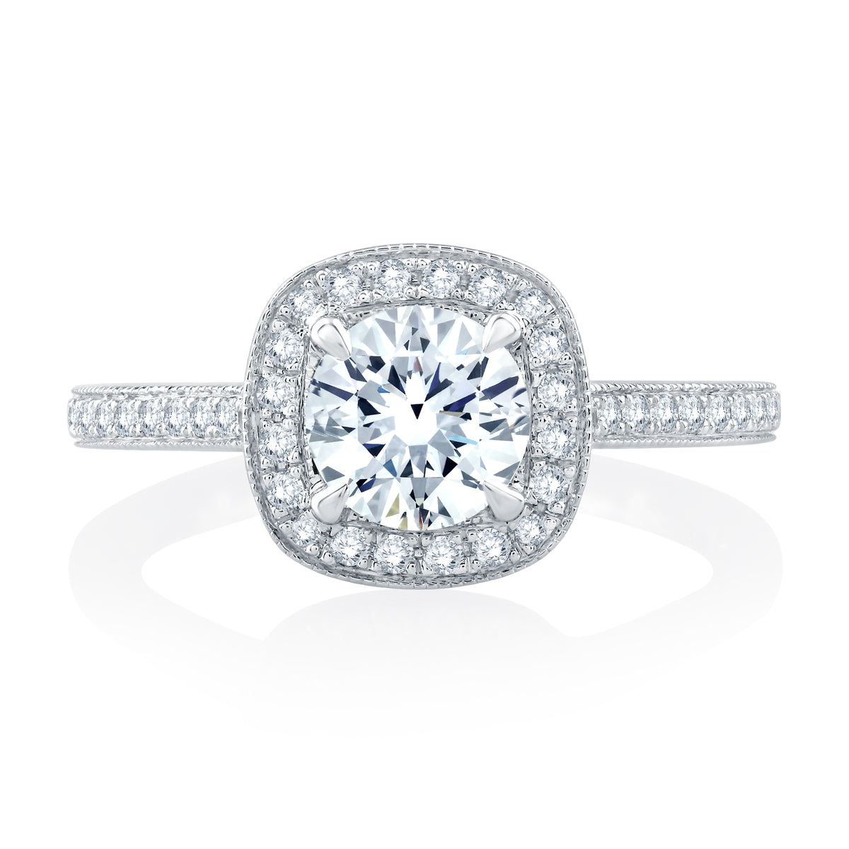 A.Jaffe Milgrain Detail Cushion Halo Round Center with Diamond Gallery Accent Quilted Engagement Ring ME2301Q/125