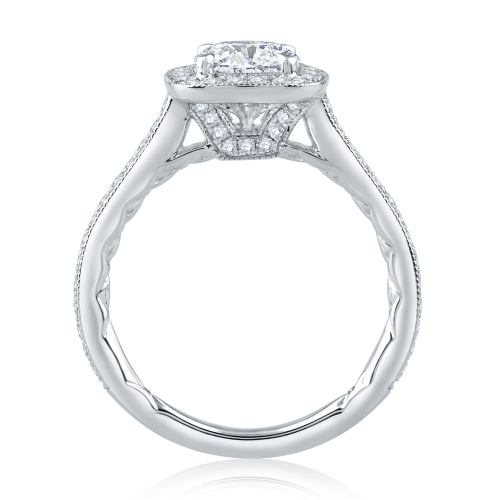 A.Jaffe Milgrain Detail Cushion Halo Round Center with Diamond Gallery Accent Quilted Engagement Ring ME2301Q/125