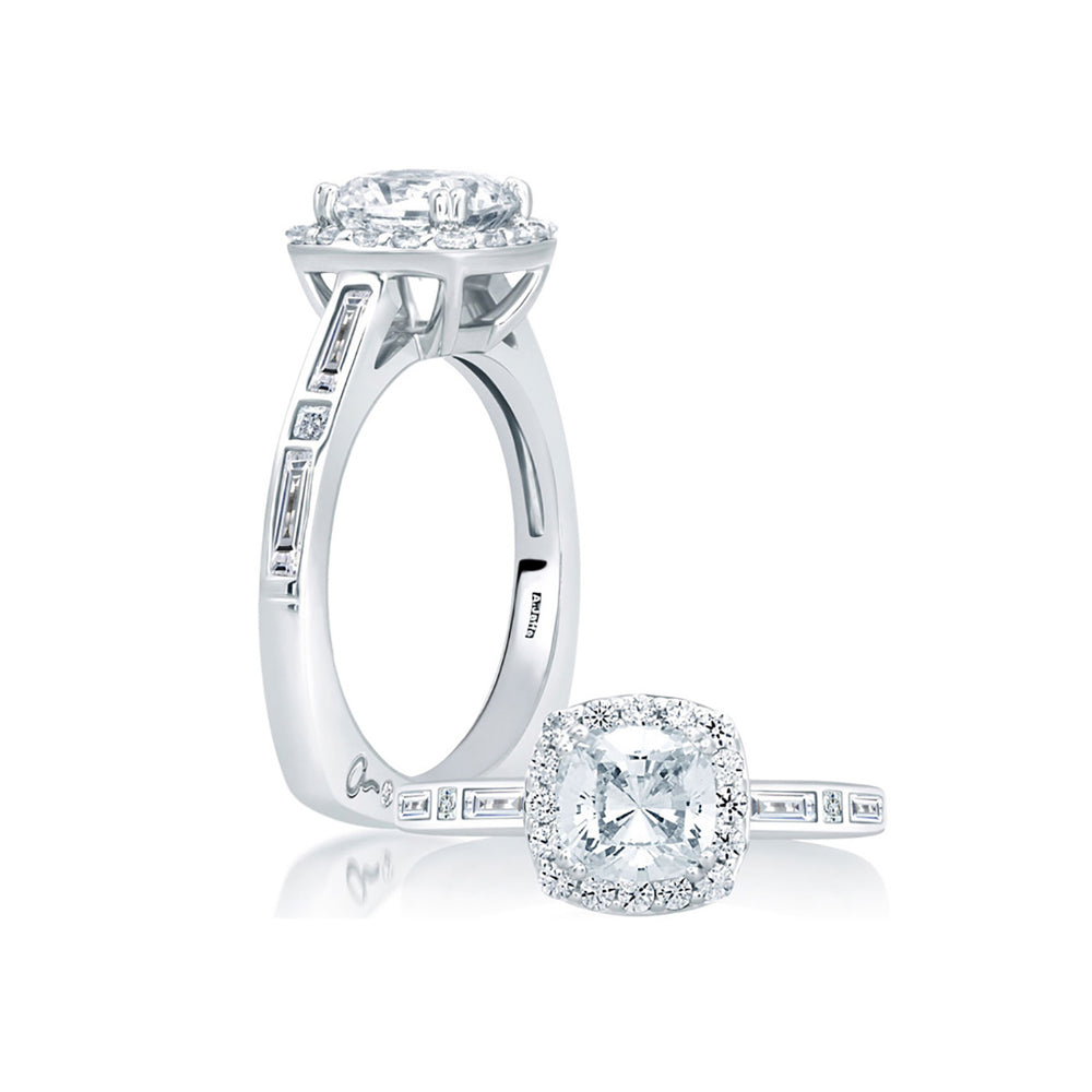 A.Jaffe Cushion Cut Halo with Baguette and Princess Shoulder Diamond Engagement Ring MES652/151